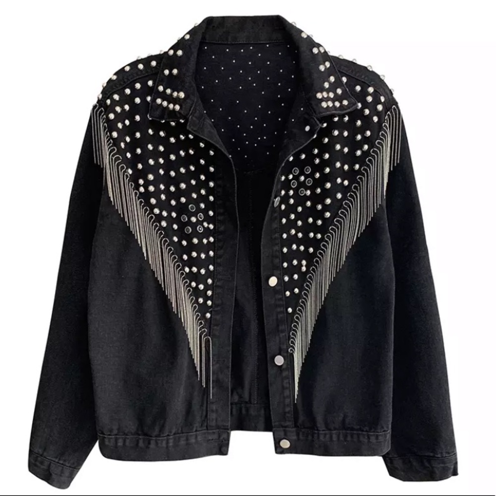 SOLD OUT Black Oversized Studded Chain Fringe Denim Jacket - Picture 2 of 4